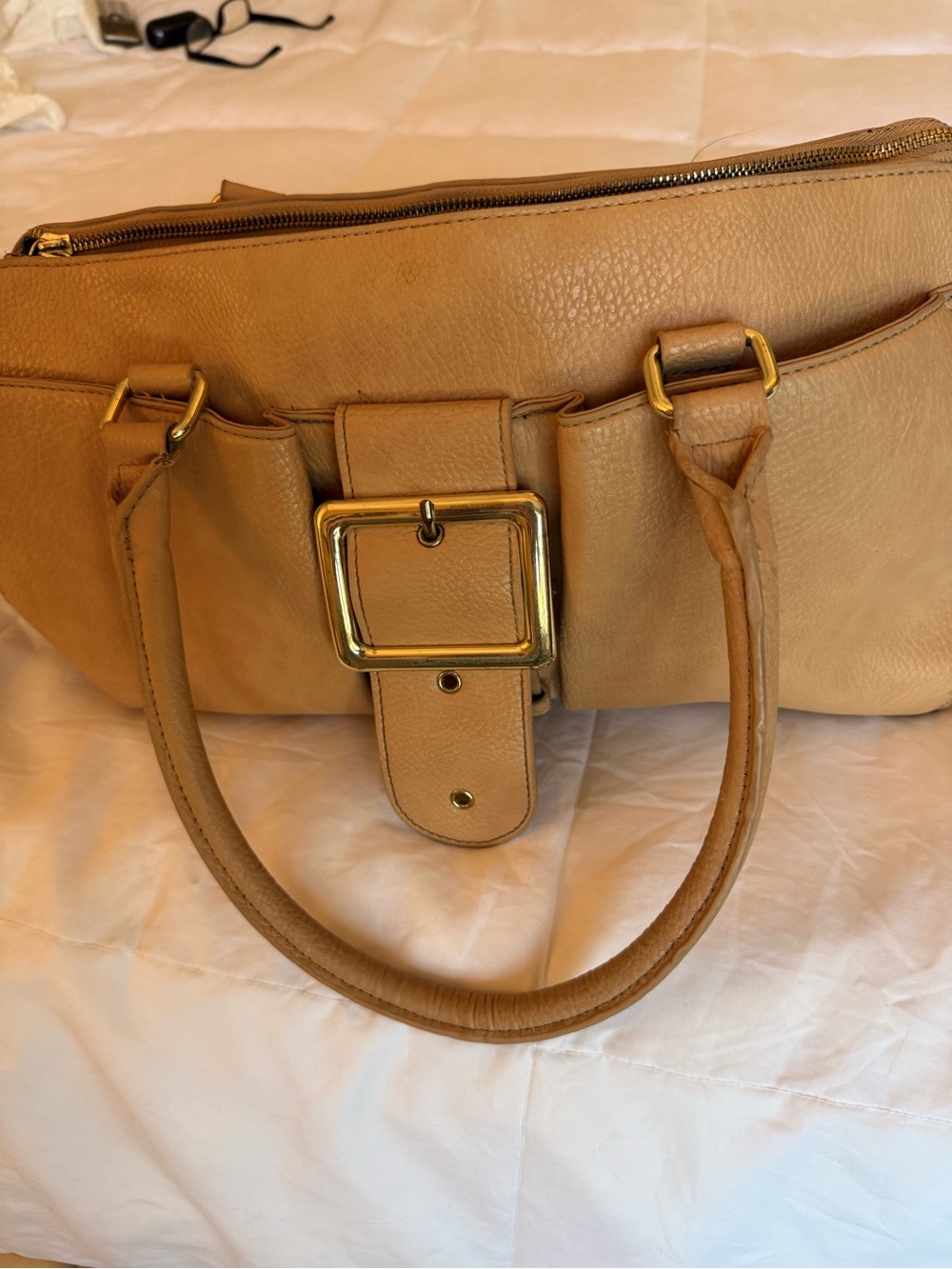 Classic Tan Leather Shoulder Bag with Gold Hardware
